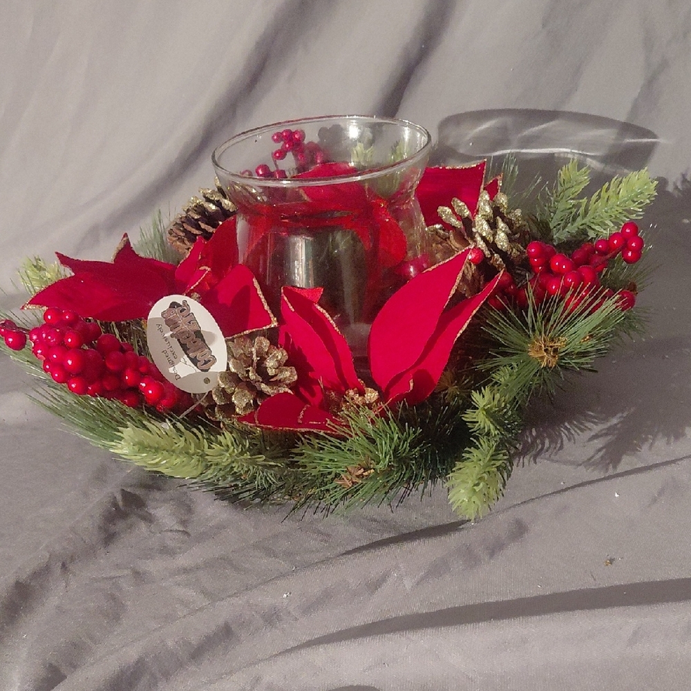 Holiday Glass Candle Holder with Red Accents
